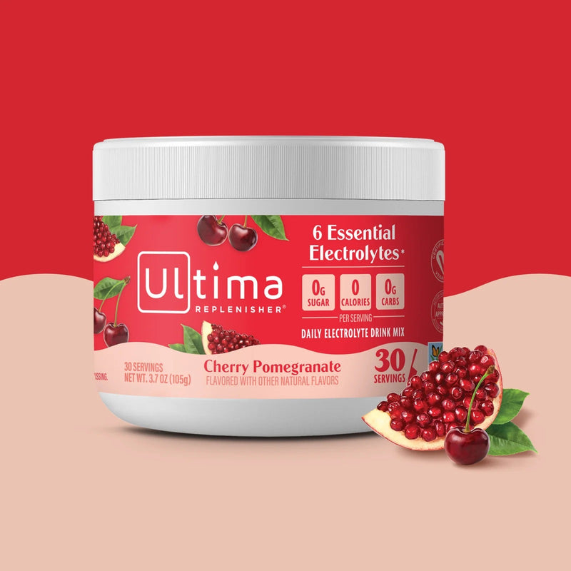 Bote de electrolitos en polvo sin azúcar Ultima Replenisher sabor Cherry Pomegranate. 30 porciones.