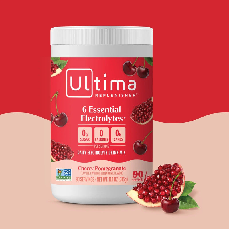 Bote de electrolitos en polvo sin azúcar Ultima Replenisher sabor Cherry Pomegranate. 90 porciones.