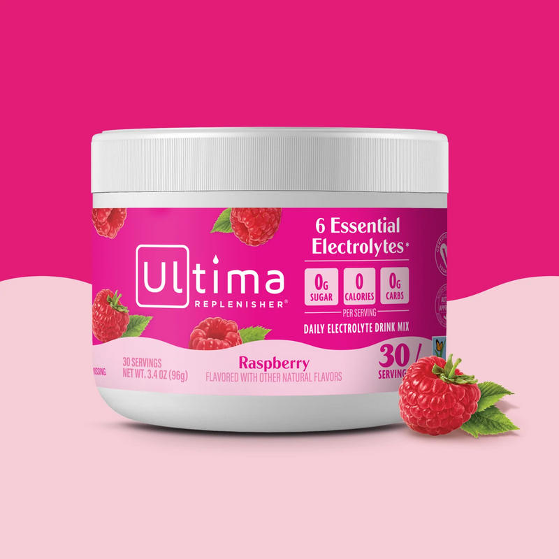 Bote de electrolitos en polvo sin azúcar Ultima Replenisher sabor Raspberry. 30 porciones.