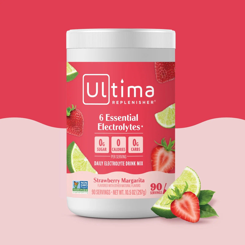 Bote de electrolitos en polvo sin azúcar Ultima Replenisher sabor Strawberry Margarita. 90 porciones.