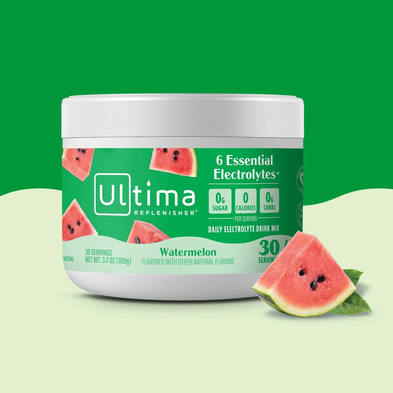 Bote de electrolitos en polvo sin azúcar Ultima Replenisher sabor Watermelon. 30 porciones.