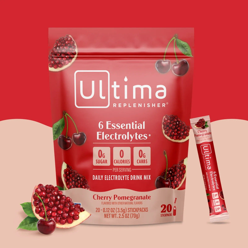Sobres de electrolitos en polvo sin azúcar Ultima Replenisher sabor Cherry Pomegranate. 20 porciones.