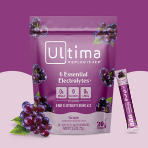 Sobres de electrolitos en polvo sin azúcar Ultima Replenisher sabor Grape. 20 porciones.