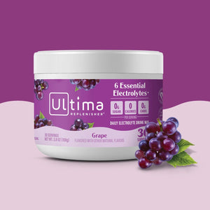 Bote de electrolitos en polvo sin azúcar Ultima Replenisher sabor Grape. 30 porciones.