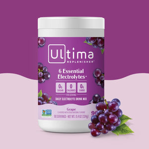 Bote de electrolitos en polvo sin azúcar Ultima Replenisher sabor Grape. 90 porciones.