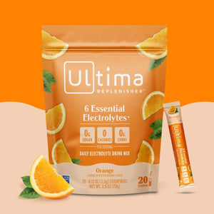Sobres de electrolitos en polvo sin azúcar Ultima Replenisher sabor Orange. 20 porciones.