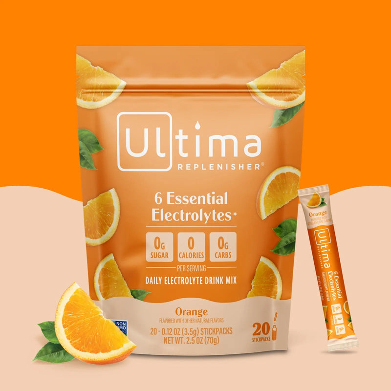 Sobres de electrolitos en polvo sin azúcar Ultima Replenisher sabor Orange. 20 porciones.