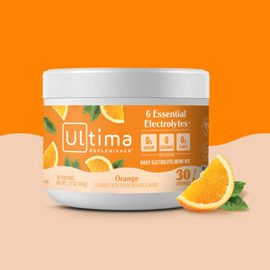 Bote de electrolitos en polvo sin azúcar Ultima Replenisher sabor Orange. 30 porciones.