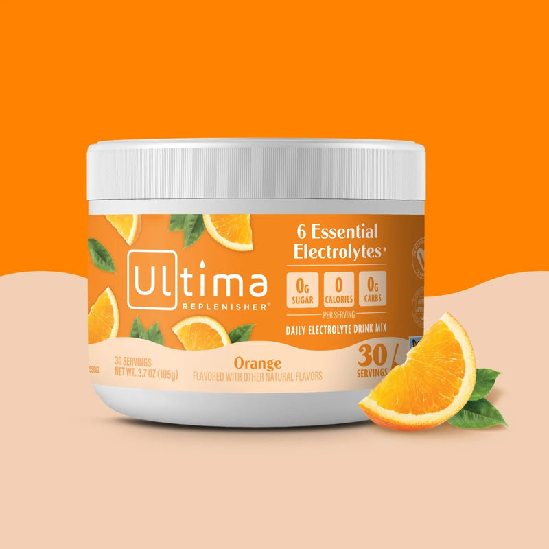 Bote de electrolitos en polvo sin azúcar Ultima Replenisher sabor Orange. 30 porciones.