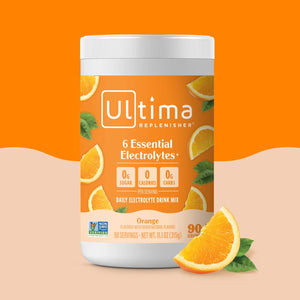 Bote de electrolitos en polvo sin azúcar Ultima Replenisher sabor Orange. 90 porciones.