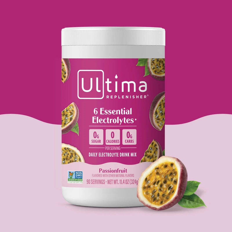 Bote de electrolitos en polvo sin azúcar Ultima Replenisher sabor Passionfruit. 90 porciones.