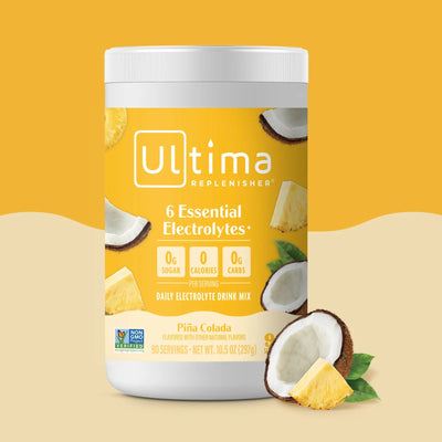 Bote de electrolitos en polvo sin azúcar Ultima Replenisher sabor Piña Colada. 90 porciones.