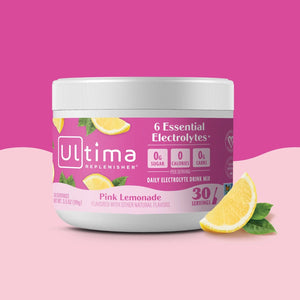 Bote de electrolitos en polvo sin azúcar Ultima Replenisher sabor Pink Lemonade. 30 porciones.