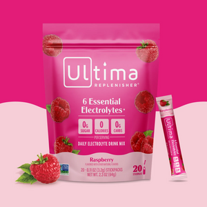 Sobres de electrolitos en polvo sin azúcar Ultima Replenisher sabor Raspberry. 20 porciones.