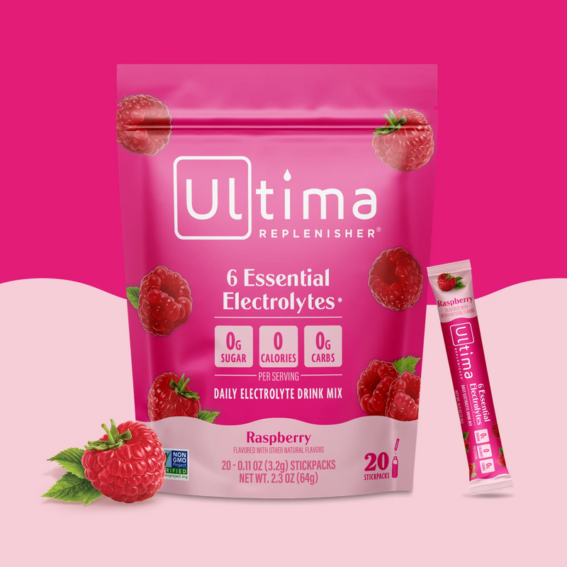 Sobres de electrolitos en polvo sin azúcar Ultima Replenisher sabor Raspberry. 20 porciones.