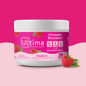 Bote de electrolitos en polvo sin azúcar Ultima Replenisher sabor Raspberry. 30 porciones.