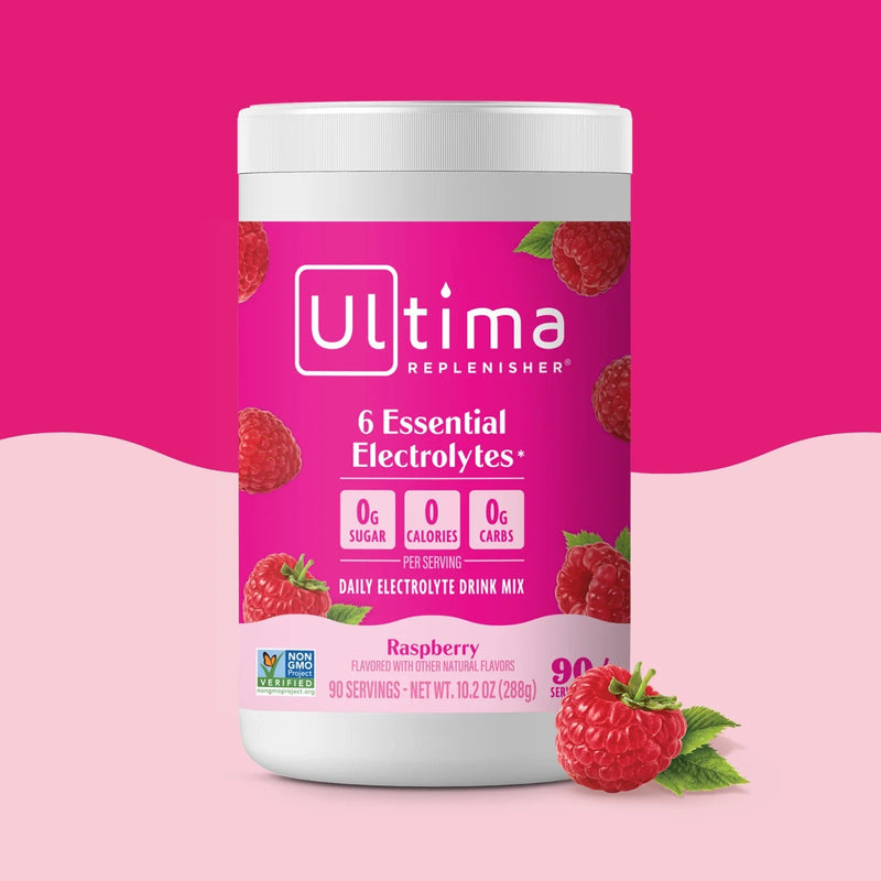 Bote de electrolitos en polvo sin azúcar Ultima Replenisher sabor Raspberry. 90 porciones.