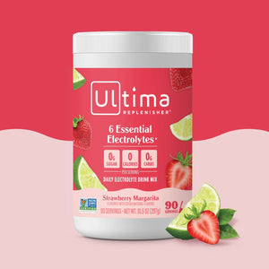 Bote de electrolitos en polvo sin azúcar Ultima Replenisher sabor Strawberry Margarita. 90 porciones.