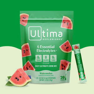 Sobres de electrolitos en polvo sin azúcar Ultima Replenisher sabor Watermelon. 20 porciones.