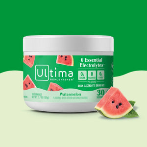 Bote de electrolitos en polvo sin azúcar Ultima Replenisher sabor Watermelon. 30 porciones.