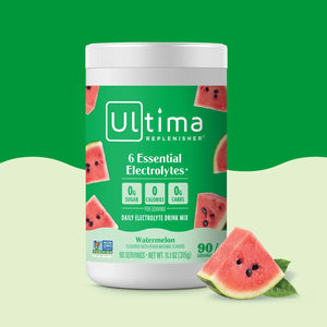 Bote de electrolitos en polvo sin azúcar Ultima Replenisher sabor Watermelon. 90 porciones.