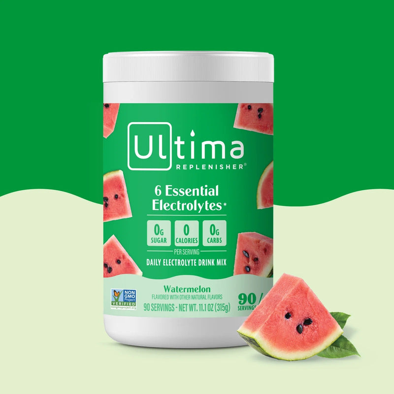 Bote de electrolitos en polvo sin azúcar Ultima Replenisher sabor Watermelon. 90 porciones.